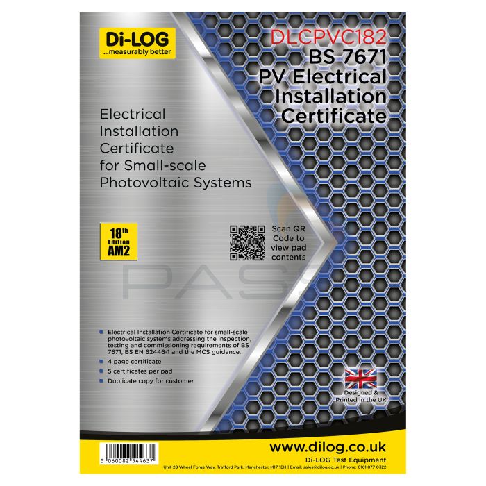 Di-Log DLCPVC182 Electrical Installation Certificate for Small-scale Photovoltaic (PV) Systems