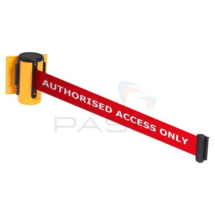 OBEX Wall Mounted Belt Barrier - AUTHORISED ACCESS ONLY (Red) - Yellow finish

