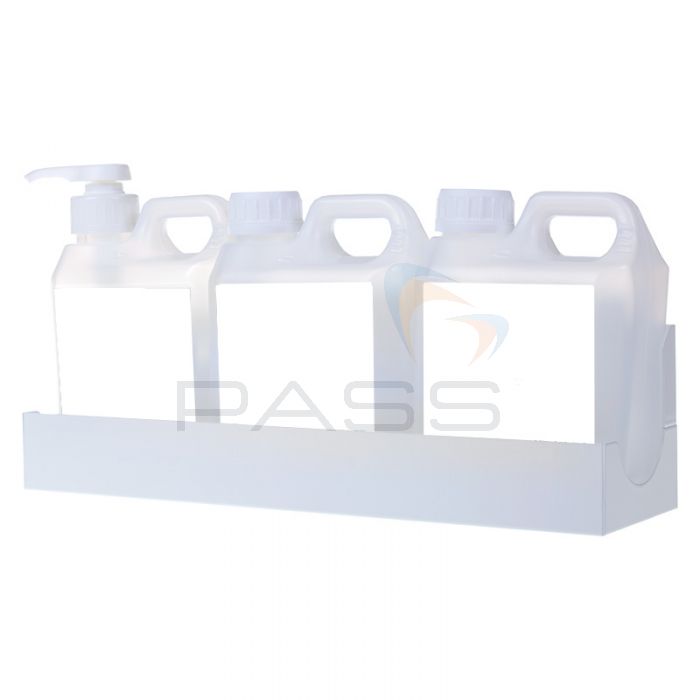 Wall Mountable White Metal Jerry Can Rack with three cans in the rack