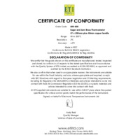 ETI 800-808 Brass Sugar Thermometer - Certificate of Conformity