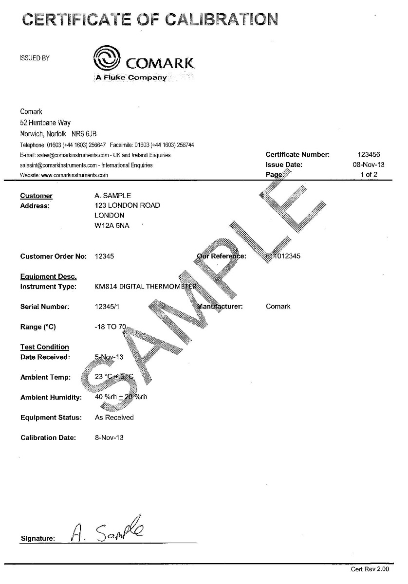 Comark Free Traceable Certificate