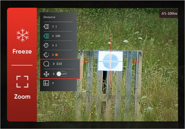 Zero with multiple and continuous digital “Zoom” & “Freeze” can significantly improves the shooting accuracy. The image shows the feature with a target board in the sights.