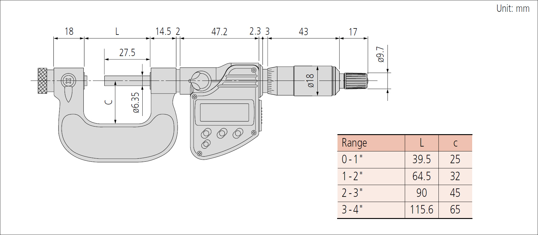 Mitutoyo 326 interchangeable anvil screw thread micrometer dimensions.