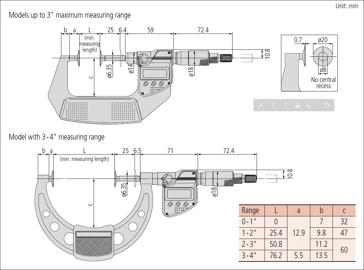 Mitutoyo 369 non rotating spindle disc dimensions.