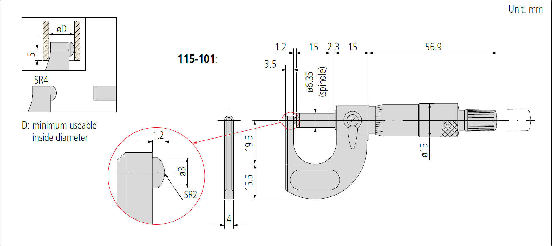 Mitutoyo 115 tube micrometer dimensions.