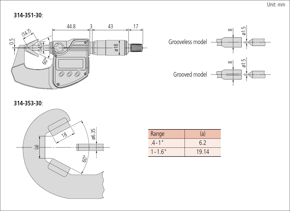 Mitutoyo 314 digi v anvil micrometer dimensions