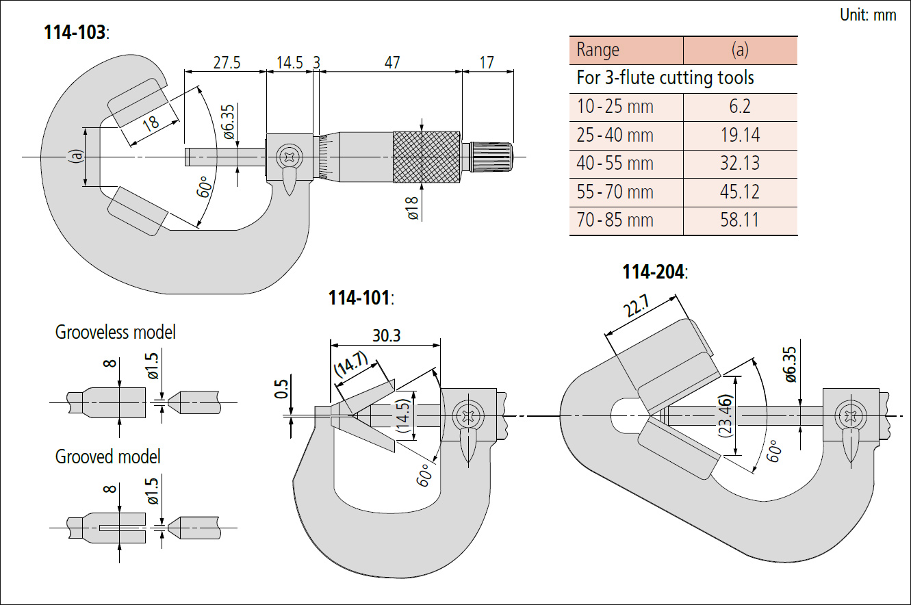 Mitutoyo 114 v anvil micrometer dimensions.