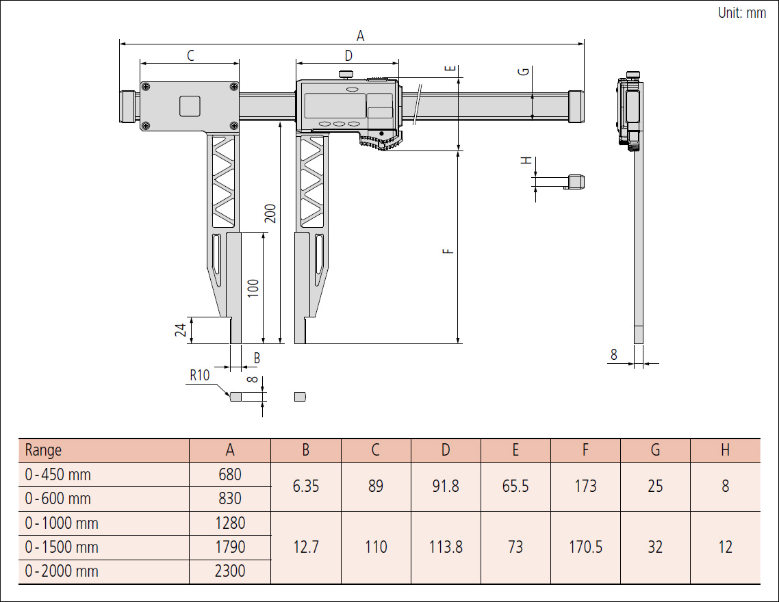 Mitutoyo series 552 long jaw dimension.