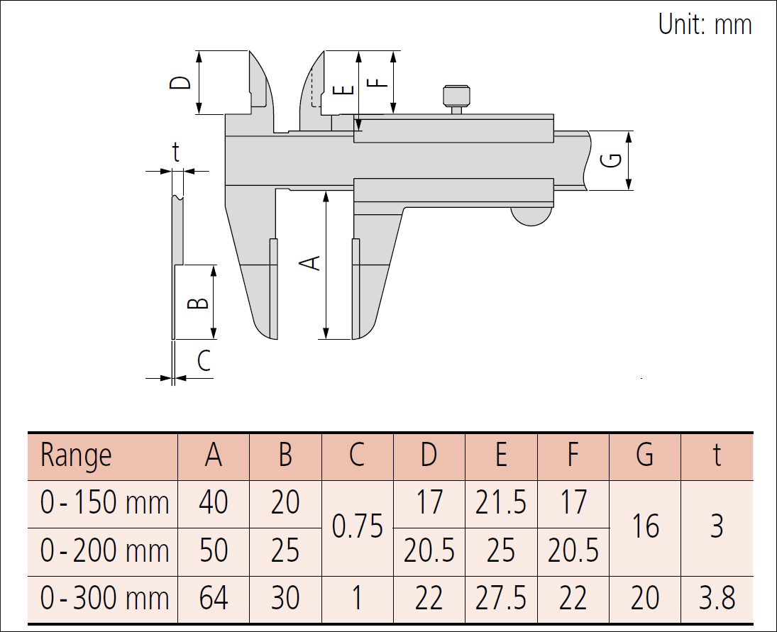 Mitutoyo series 536 blade caliper Vernier dimensions.