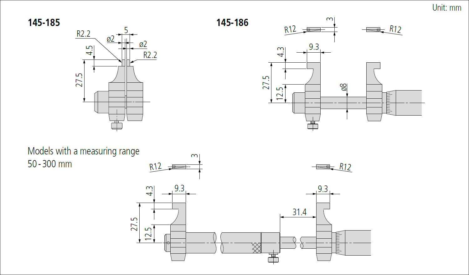 Mitutoyo 145 inside caliper dimensions.