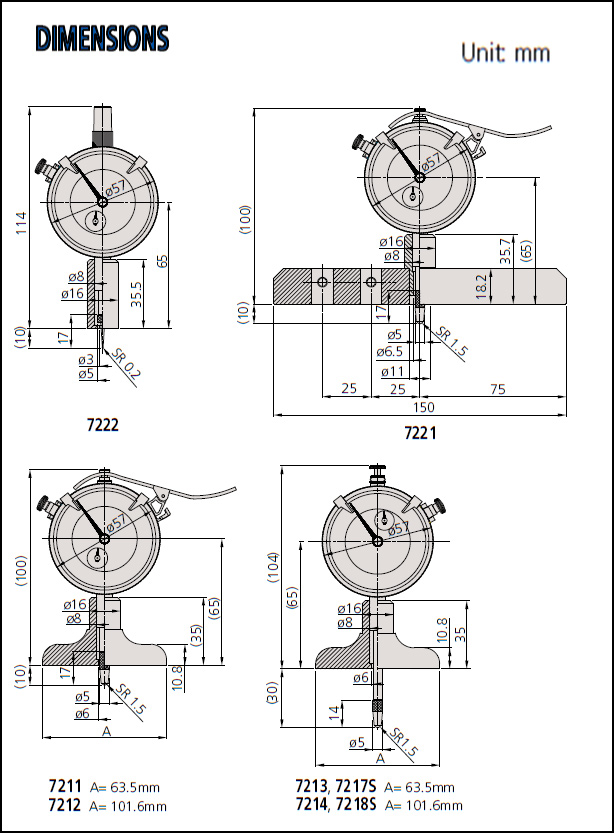 Mitutoyo Series 7 Dial Depth Gauge: 0-210mm or 0-8" dimensions