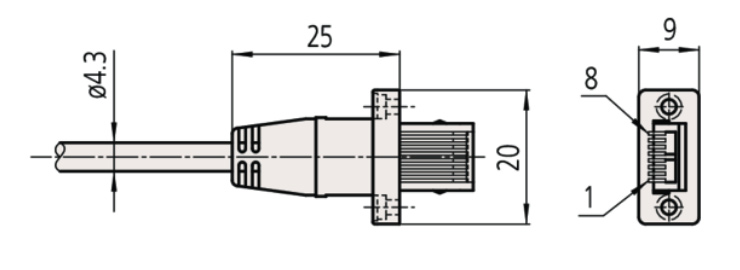 Mitutoyo U-WAVE-T Connection Cable G, Flat Straight IP Type dimensions.