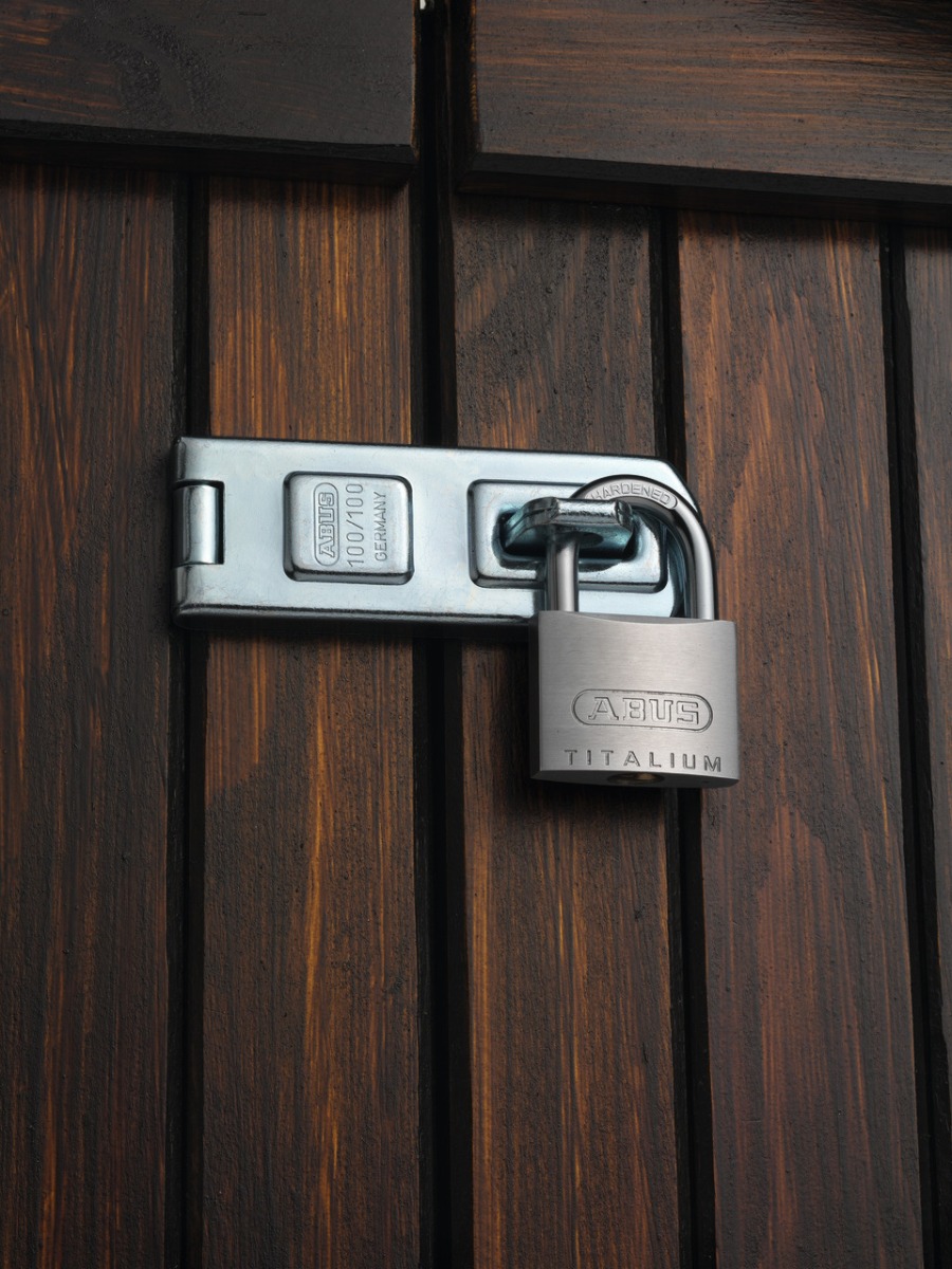 ABUS Titalium 64TI Keyed Padlock securing a door.