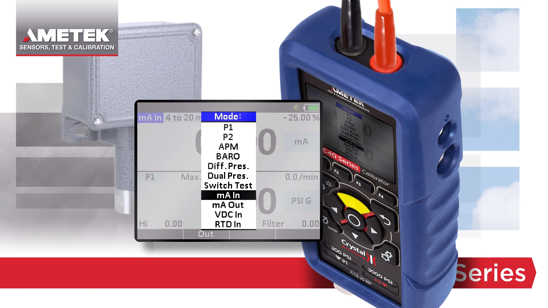 Ametek Crystal HPC40 Series Pressure Calibrator mode screen.