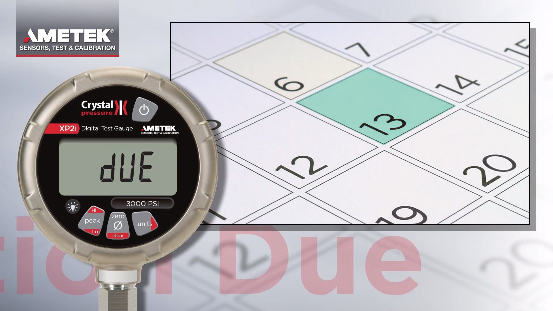 Ametek Crystal XP2i Digital Absolute Pressure Gauge calibration due date warning - reads DUE on the gauge screen.
