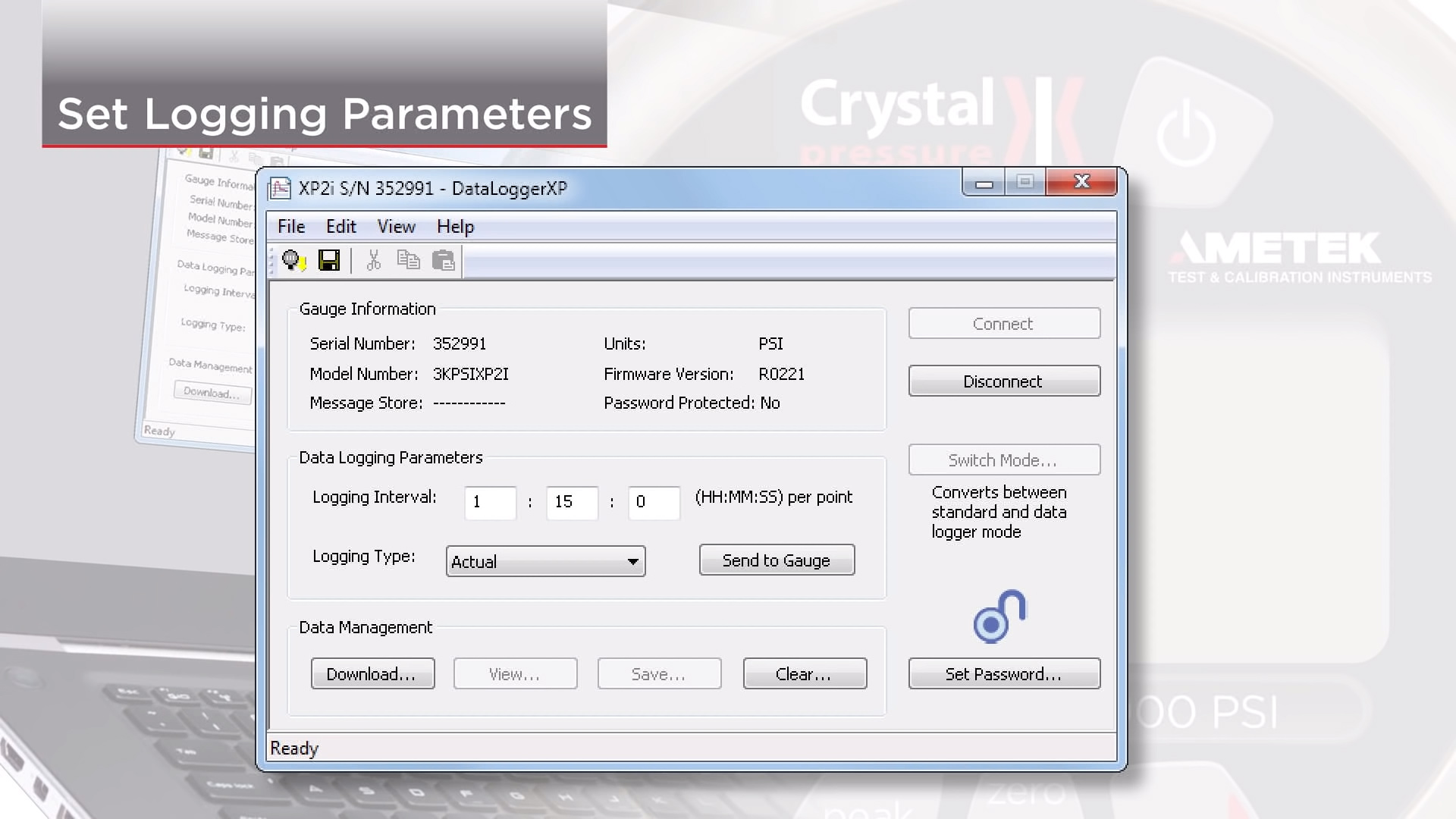 Ametek Crystal XP2i Digital Pressure Gauge setting logging parameters.