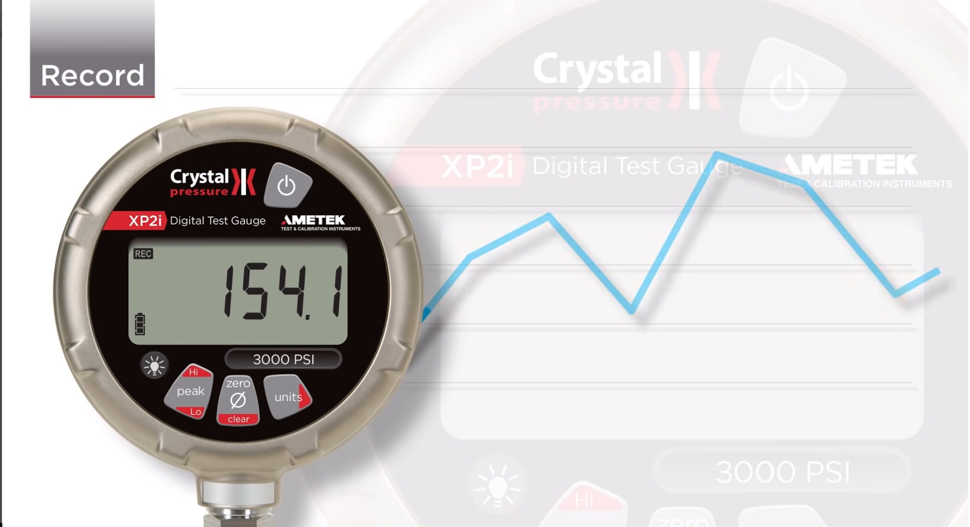 Ametek Crystal XP2i Digital Pressure Gauge recording data.