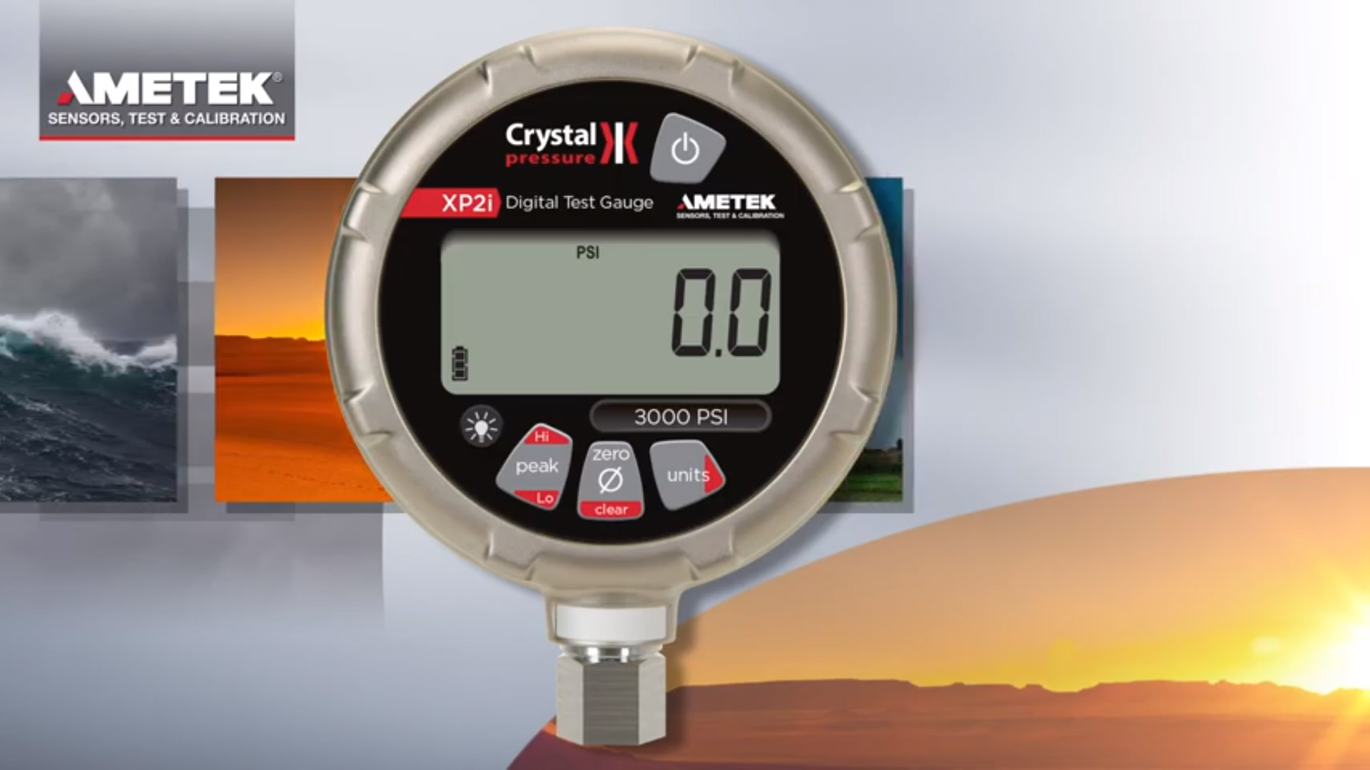 Ametek Crystal XP2i Digital Pressure Gauge sensor testing advert, with weather related images in different colour modes as the background.