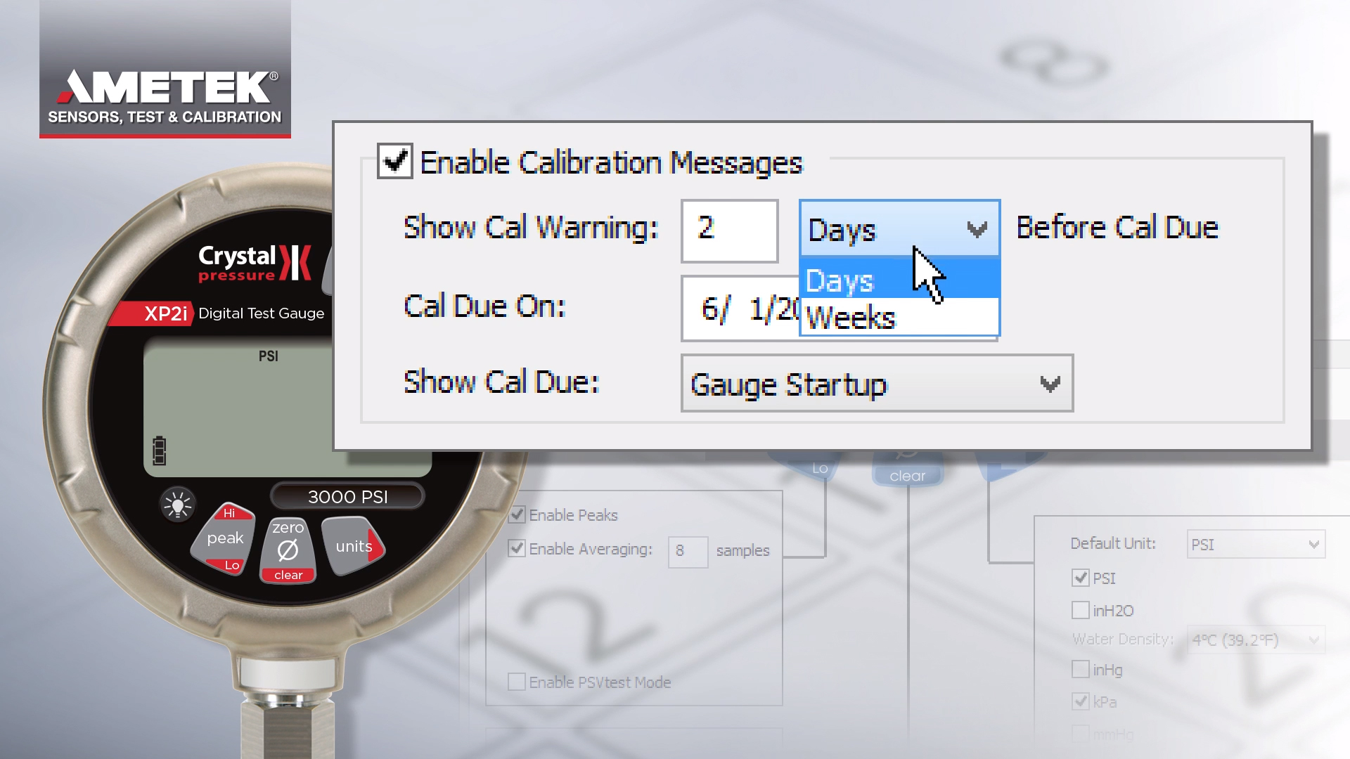 Ametek Crystal XP2i Digital Absolute Pressure Gauge calibration - enable calibration messages screen.