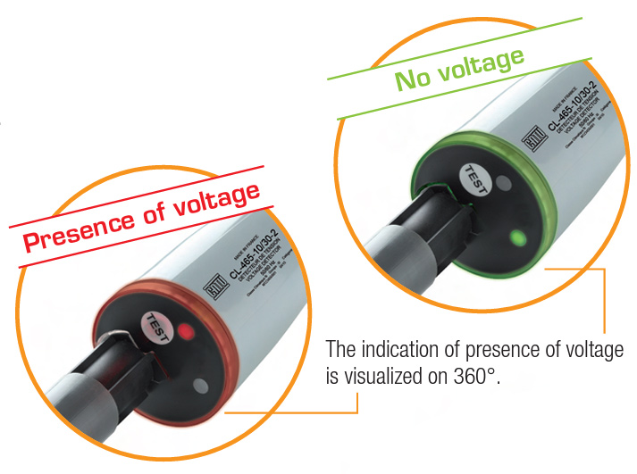 CATU CL-465-10/30-2 Telescopic IEC Voltage Detector 10/30 KV demonstarting the led changes when voltage is or isn't present.