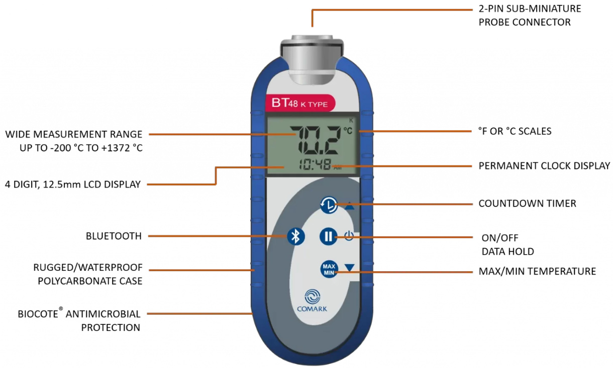 Comark BT42C diagram advising what the buttons relate to and explaining the displayed items on the display screen.