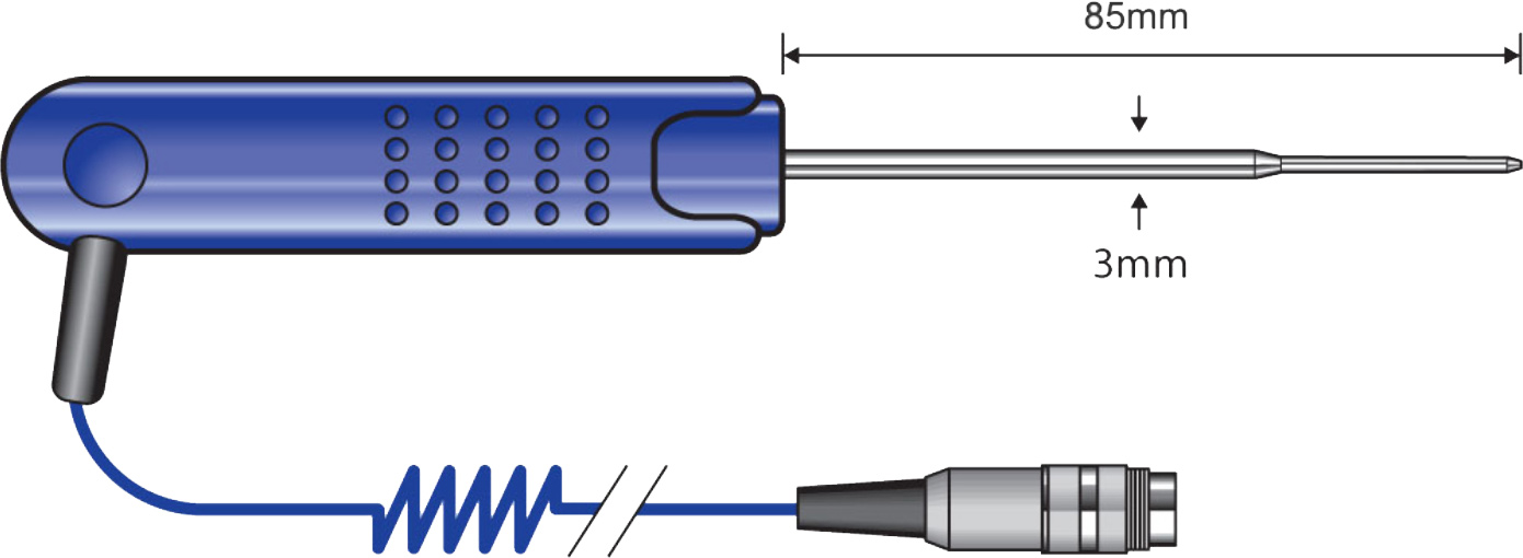 Comark PT19L Penetration Probe – Lumberg Connector, -100°C to +250°C Range, Blue Handle dimensions.