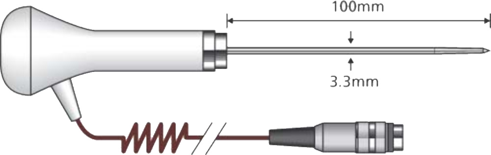 Comark Penetration Probe - Lumberg Connector, -100°C to +250°C Range - CurlyCable dimensions.