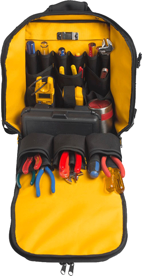 A view of the bag opened and filled with tools highlighting the storage available.