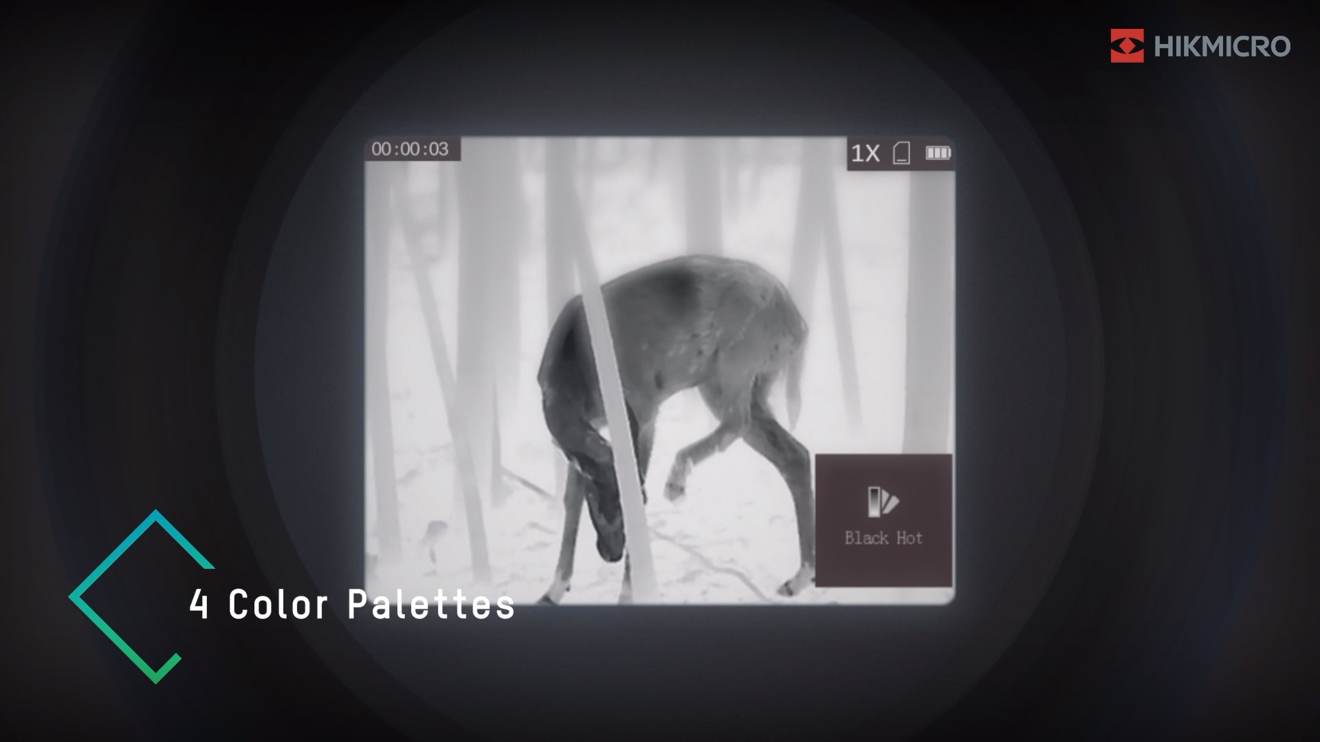 One of the four Hikmicro Lynx Pro LE10 Thermal Imaging Monoculars colour palettes is highlighted in this image, the image shows a deer in a 'hot black' palette mode.