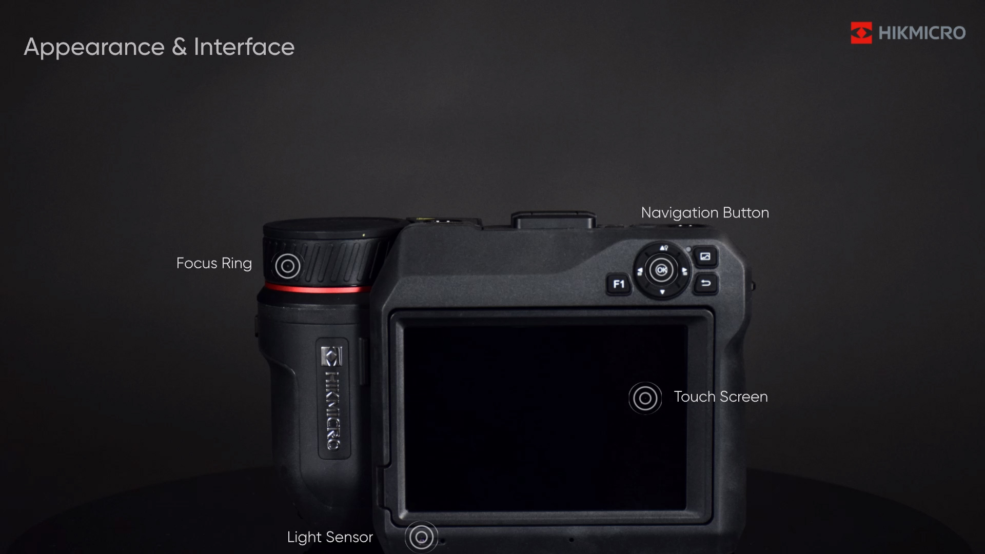 Hikmicro SP60 Ultra High-Resolution Thermal Camera showing the Focus Ring, Light Sensor, Touch Screen, and Navigation button.