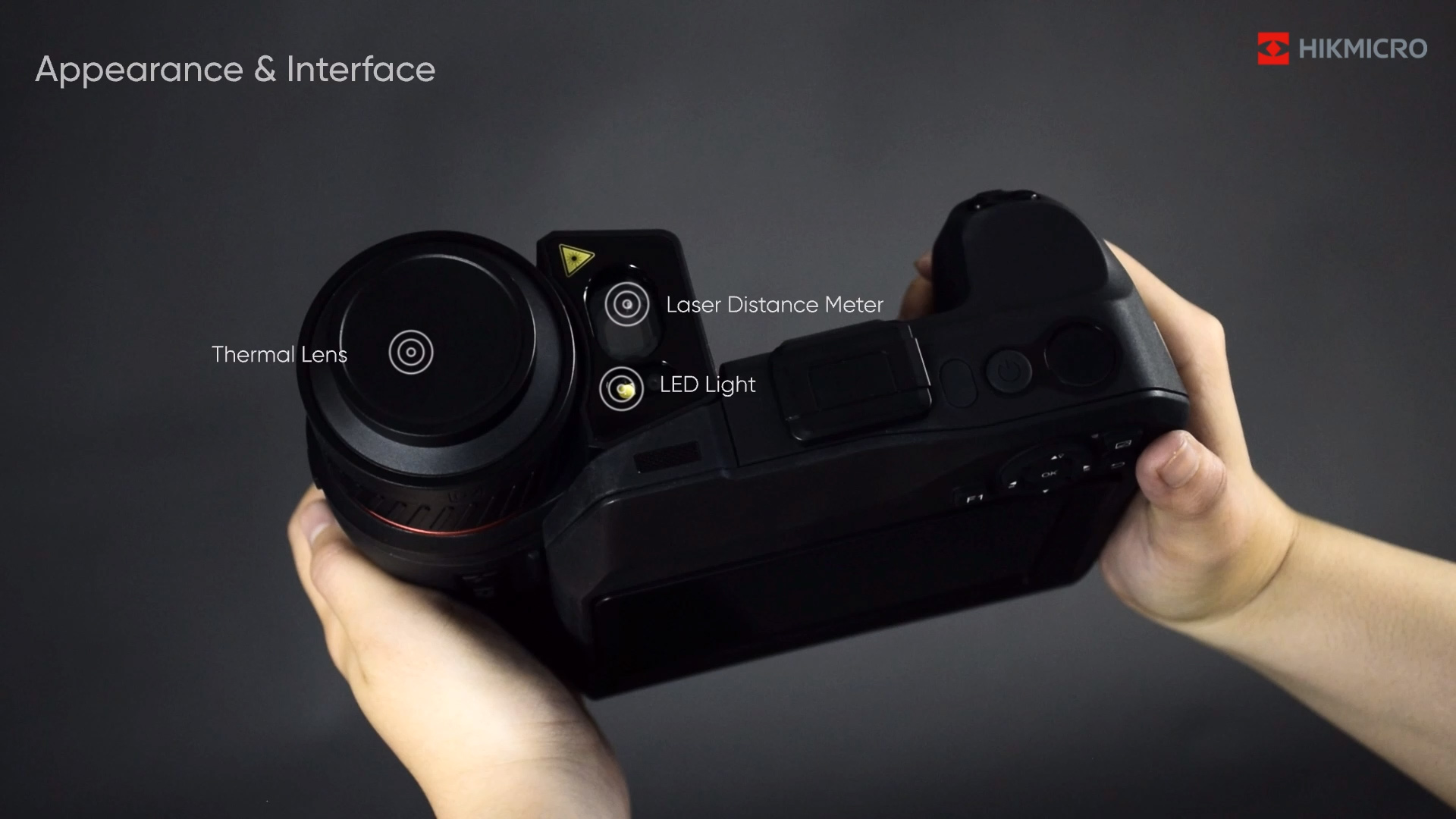 Hikmicro SP60 Ultra High-Resolution Thermal Camera showing the LED light, Laser Distance Meter, and Themral Lens functions.