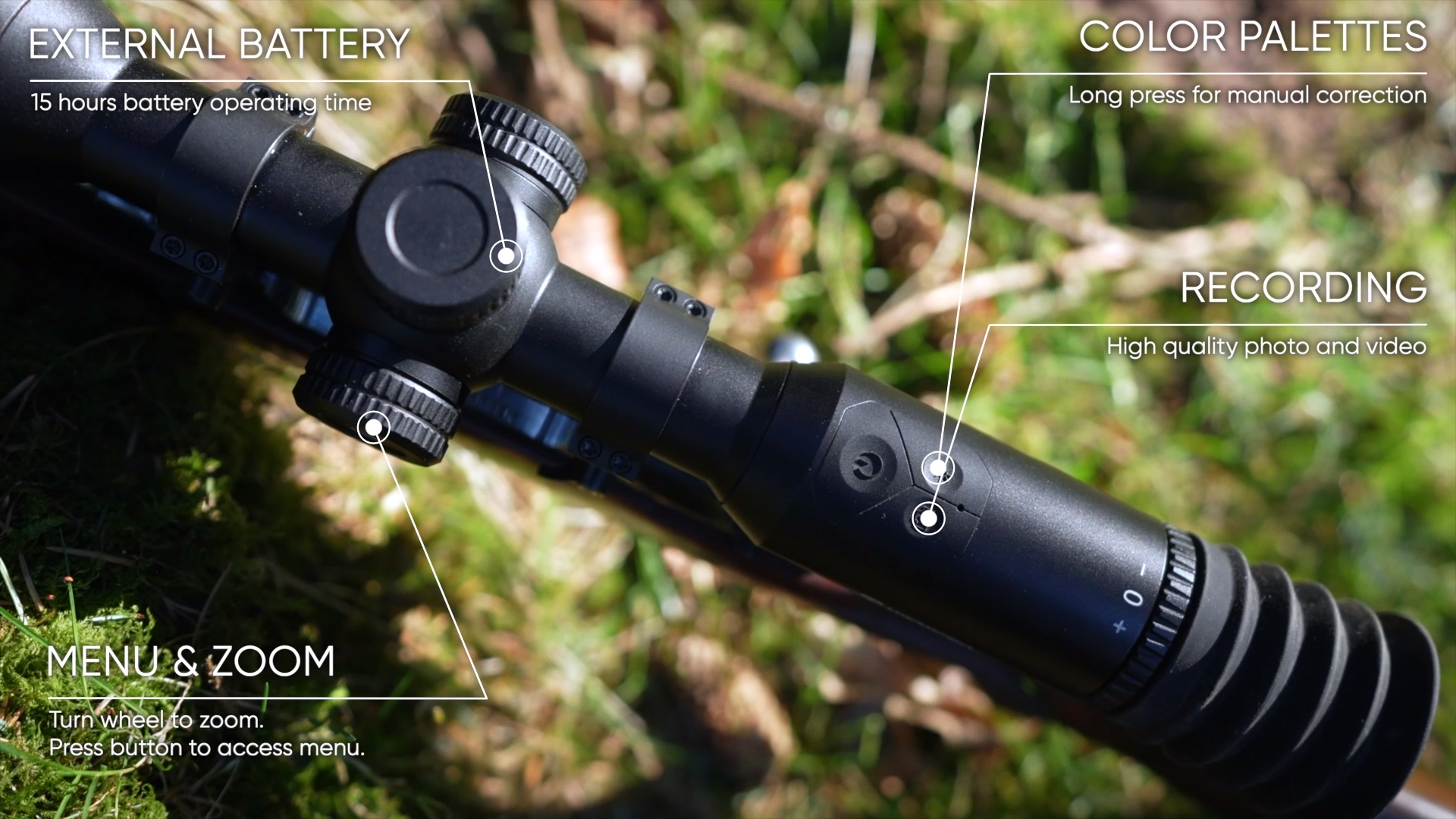 Hikmicro Stellar SH35 & SH50 Thermal Riflescope highlighting the external battery, colour palettes, menu & zoom, 
             and the recording wheels or knobs from a close angle.