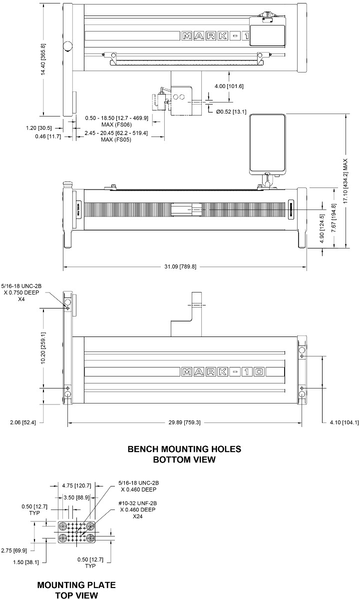 Mark-10 EM Test Frame with EasyMESUR Control Panel F05H-EM dimensions.