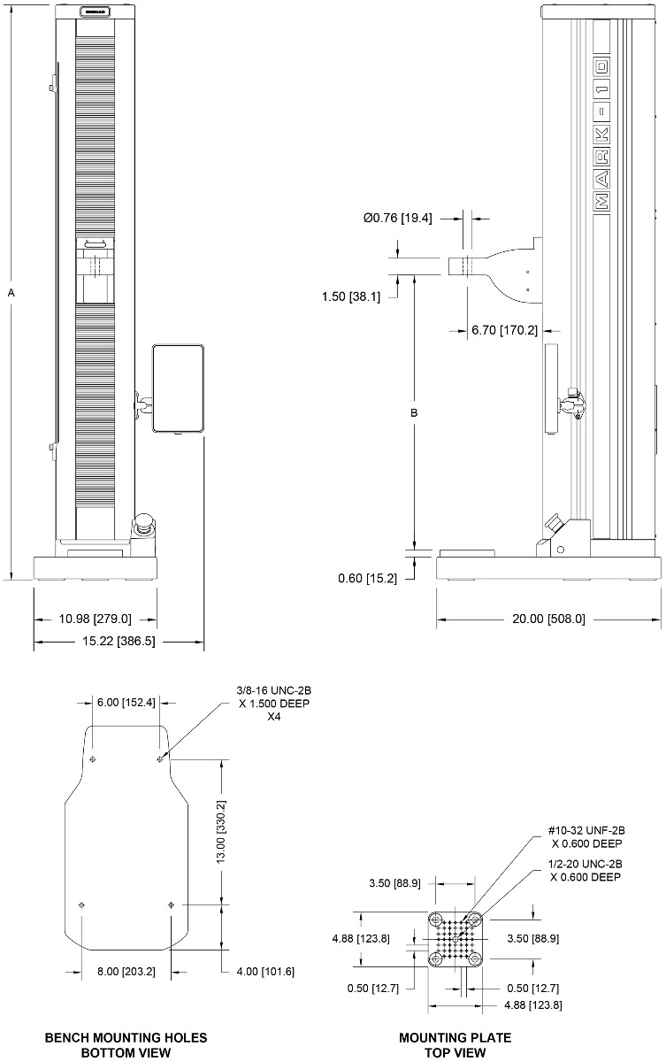 Mark-10 EM Test Frame with EasyMESUR Control Panel F755 / F755S / F1505 / F1505S dimensions.