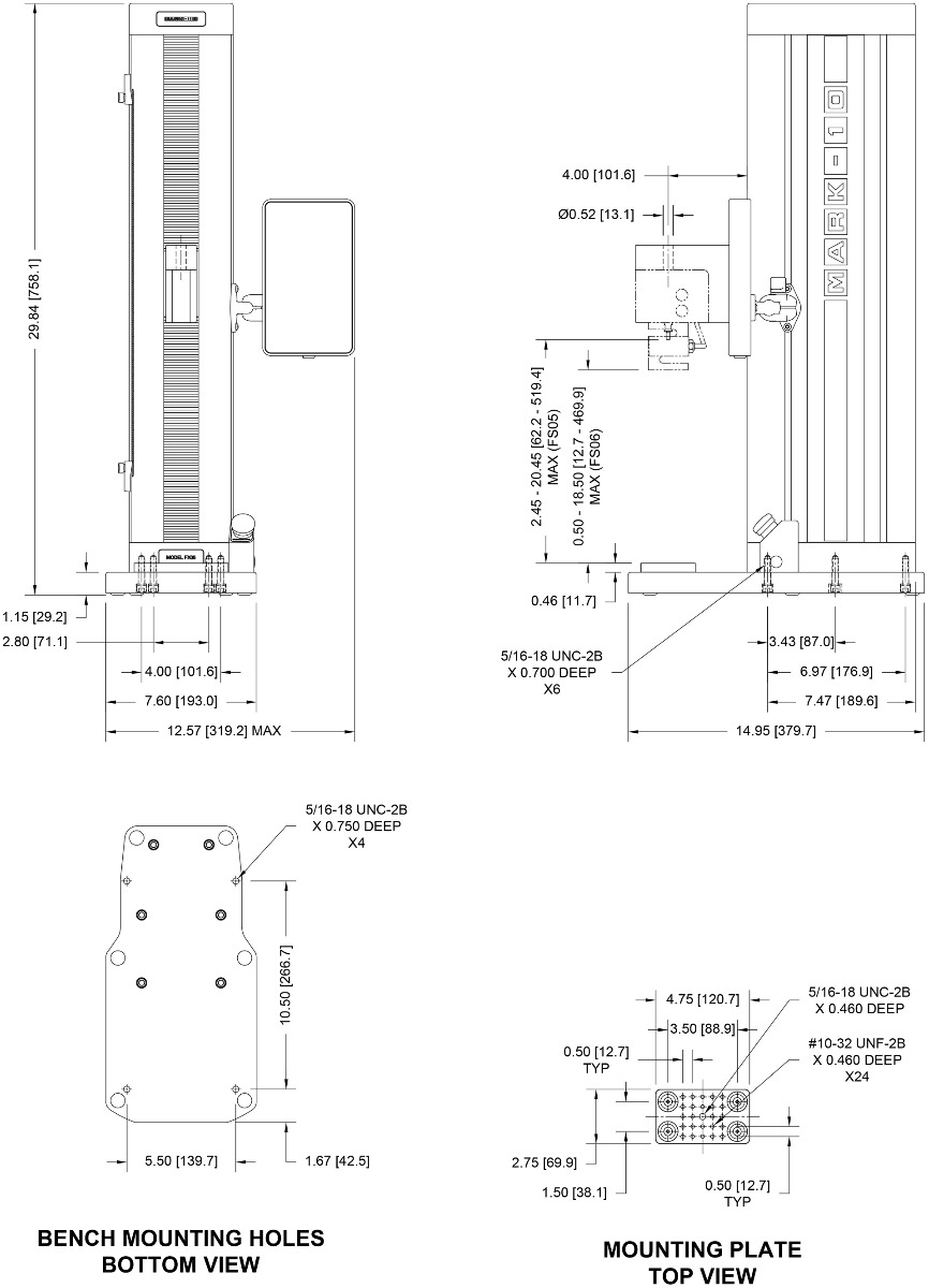 Mark-10 EM Test Frame with EasyMESUR Control Panel F105-EM / F305-EM / F505-EM dimensions.