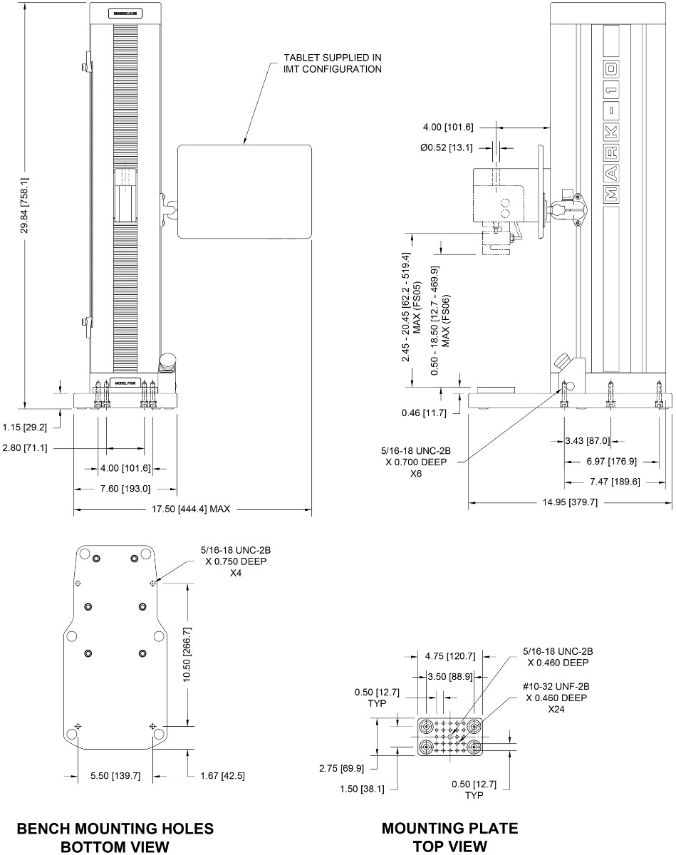 Mark-10 F105 / F305 / F505 dimensions.