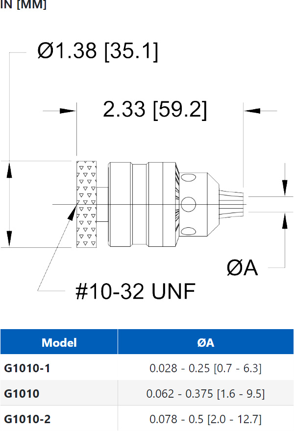 Mark-10 G1010/-1/-2 Pin Vice dimensions.