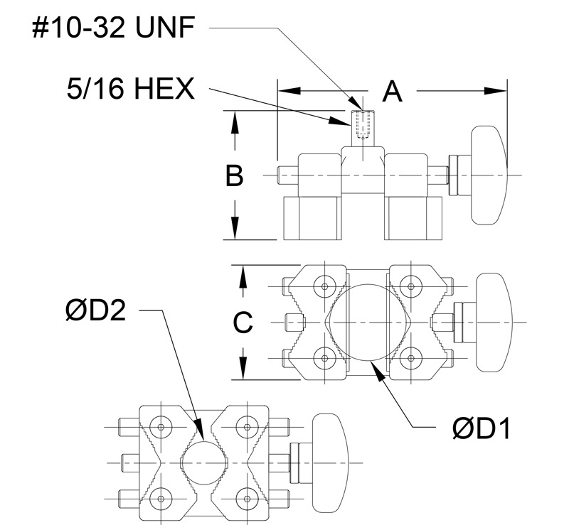 Mark-10 G1053 Universal V-Jaw Grip dimensions.