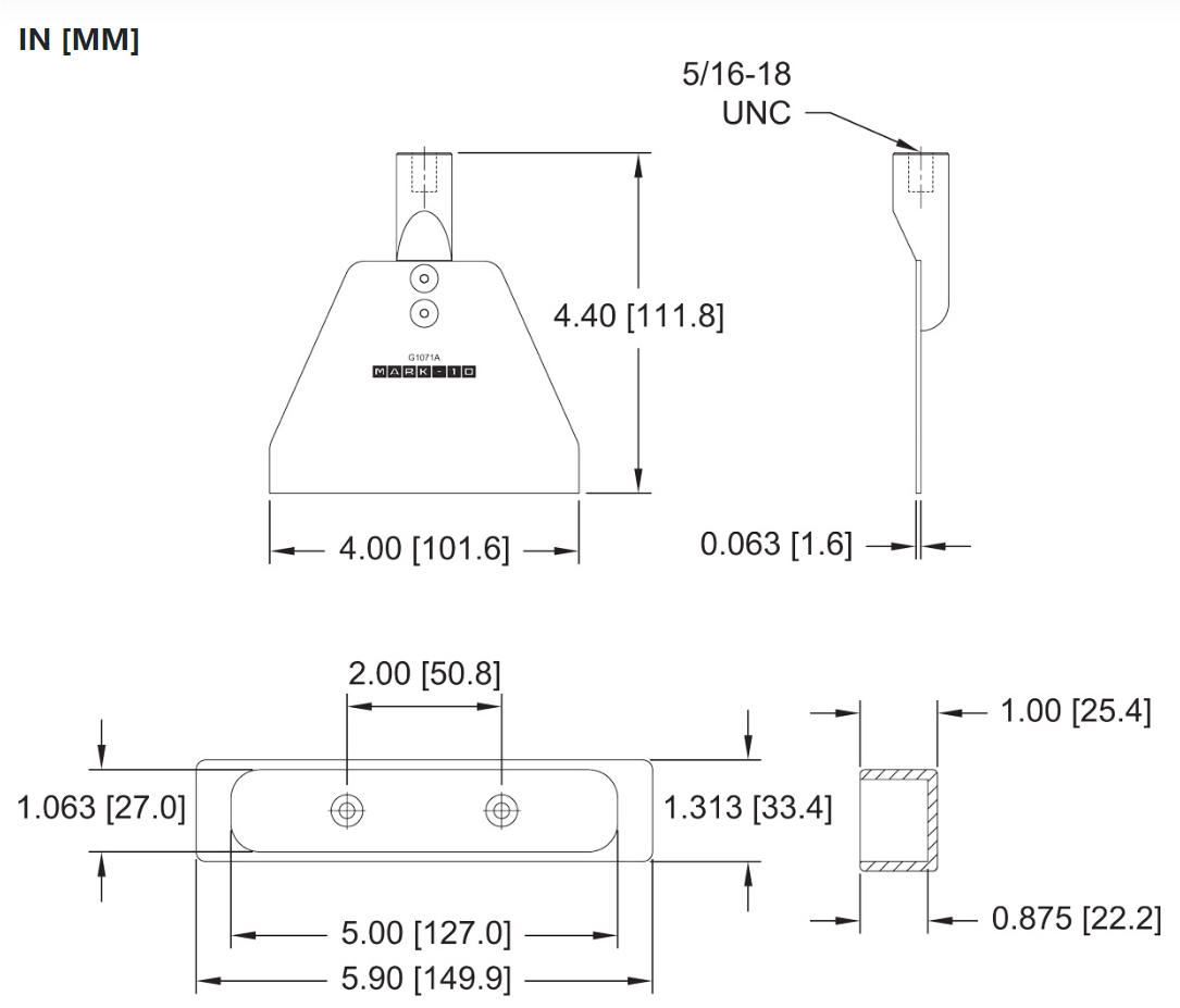 Mark-10 G1071 Score Bend Fixture Set dimensions.