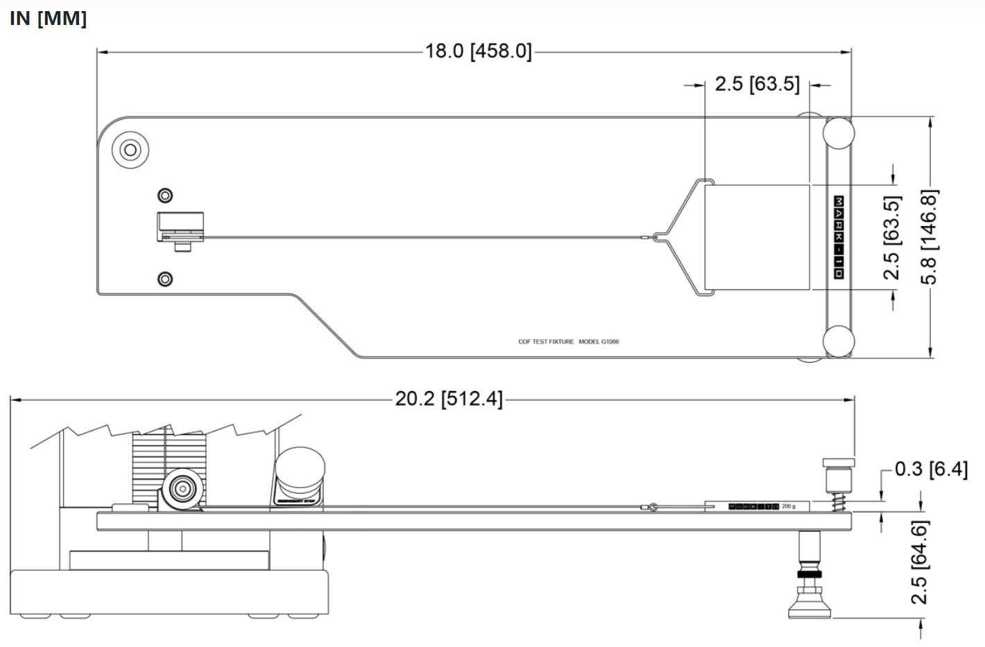 Mark-10 G1086 Coefficient of Friction Fixture dimensions.