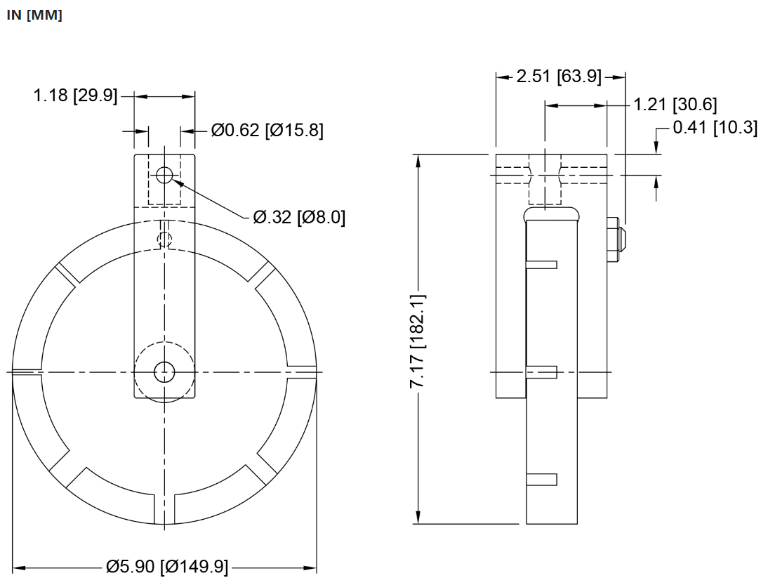 Mark-10 G1094 High Capacity Eccentric Roller Grip, Eye End dimensions.