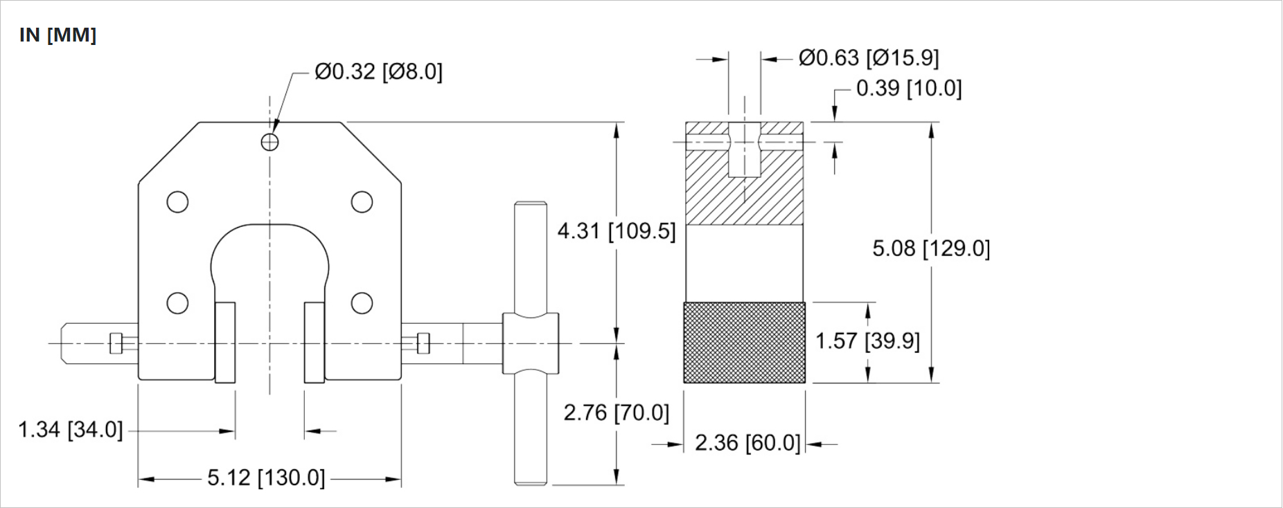 Mark-10 G1100 Parallel Jaw Grip, Eye End dimensions.