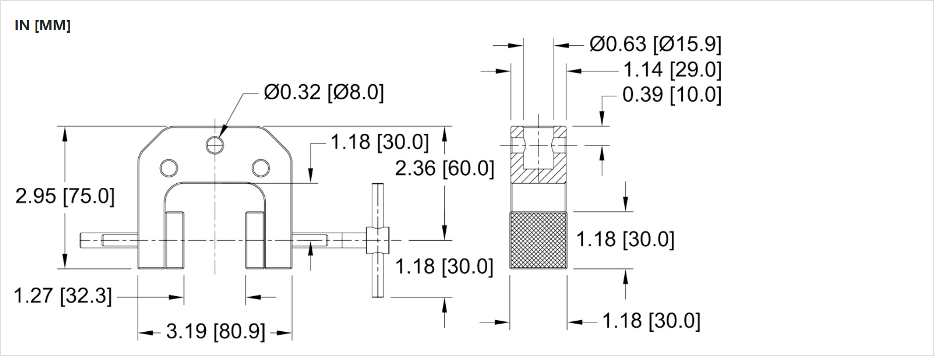 Mark-10 G1101Parallel Jaw Grip, Eye End dimensions.