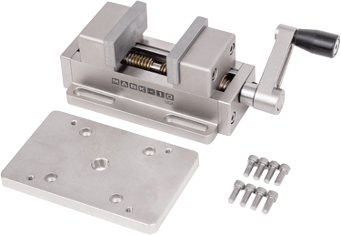 Mark-10 G1106 Vice Grip, Self-Centering - what's in the box? ((1)G1106 vice, (1) Vice assembly, (1) Test stand adapter plate & (8) #10-32 mounting screws)