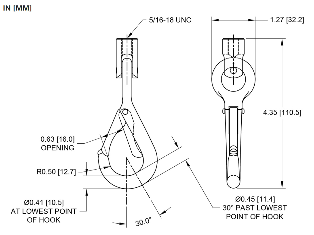 Mark-10 G1107 Snap Hook, 5/16-18F dimensions.