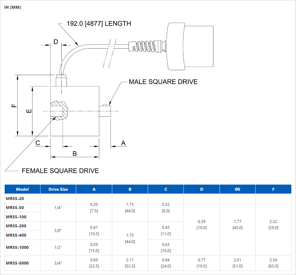 Mark-10 MR55 Square Drive Torque Sensor dimensions