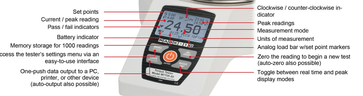 Mark-10 MTT05 Series Torque Tester display indicators.