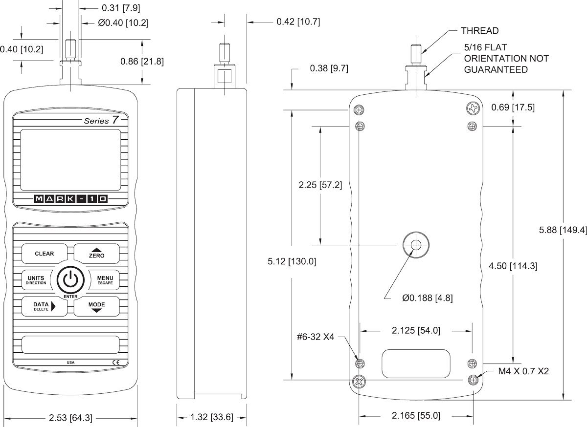 Mark-10 Series 7 Professional Digital Force Gauges dimensions.