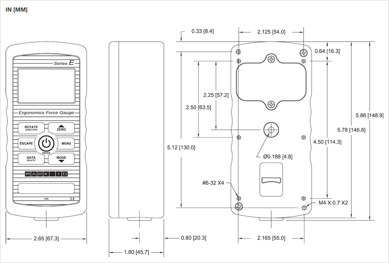 Mark-10 EKE-1/2/500-1 Series E Force Gauge Advanced Ergonomics Test Kit dimensions.