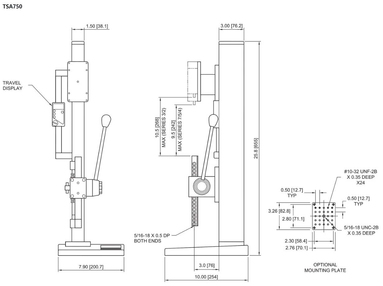 Mark-10 TSA750 Test Stand, Lever-Operated dimensions.